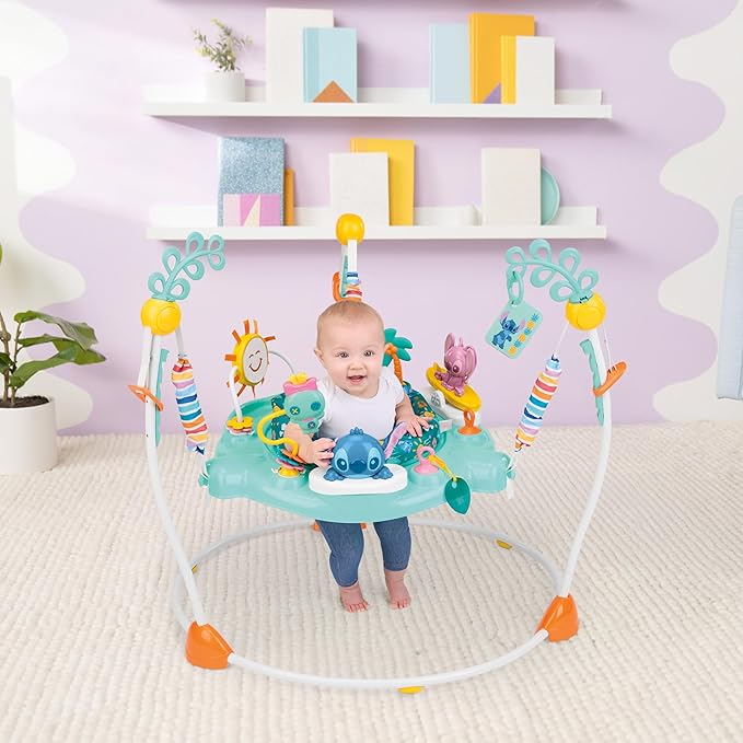 Bright Starts Disney Stitch Little Ohana Baby Activity Jumper with Interactive Toys, Lights & Music with Stitch, Angel & Scrump, 6-12 Months (Blue)