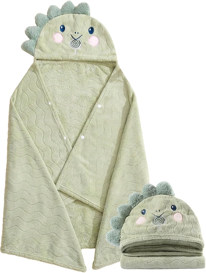 Unisex Toddler Bath Towel with Hood, 27.5"X55", Green, Anime Dinosaur Pattern, Coral Fleece, Machine Wash, 1 Count