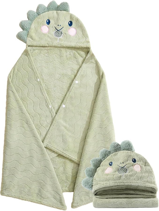 Unisex Toddler Bath Towel with Hood, 27.5"X55", Green, Anime Dinosaur Pattern, Coral Fleece, Machine Wash, 1 Count
