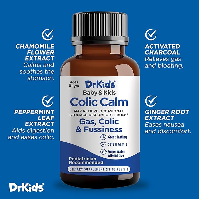 Dr. Kids Colic Calm – Infant Colic & Gas Relief, Fast-Acting Natural Ingredients with Activated Charcoal, Chamomile, Blackthorn Bud Extract, Ginger - Liquid Supplement for Babies 0-12 Months, 2 fl oz