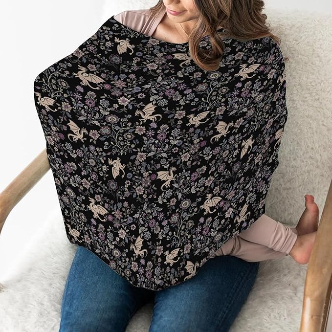 Fantasy Floral Dragons Car Seat Cover for Baby Fairytale Dragon Gothic Black Purple Flowers Stretchy 5-in-1 Cover Adjustable Car Canopy Breastfeeding Cover Fantasy Animal Breathable Nursing Cover-Up