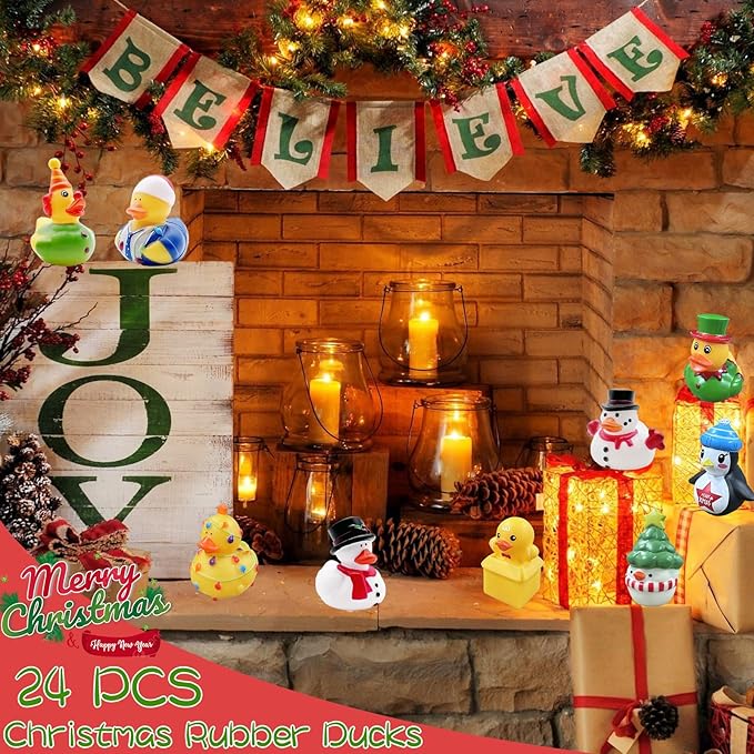 24 PCS Christmas Rubber Ducks,Baby Bath Toys Assorted Duckies,Christmas Party Favor for Kids,Christmas Style Design Ducks Toys for Christmas Stocking Stuffers,Baby Showers,Birthday Gifts(Christmas)