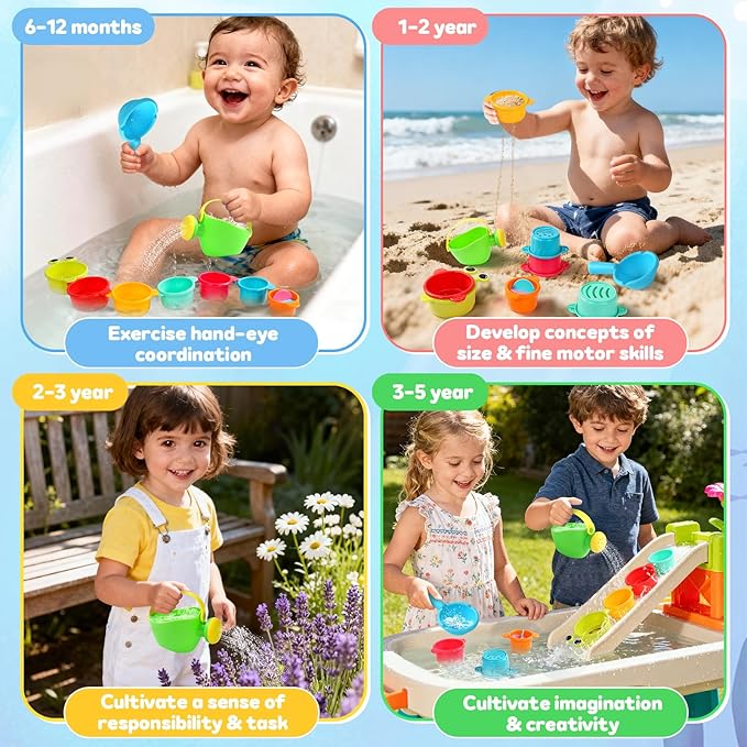 Beach Toys for Toddlers 1-3 Bath Toys Sand Pool Water Table Toys Mold Free Bathtub Toys for 12+ Months Stacking Cups Showerhead Spoon for 1 2 3 4 5 6 Years Old Girls Boys Gifts 9PCS