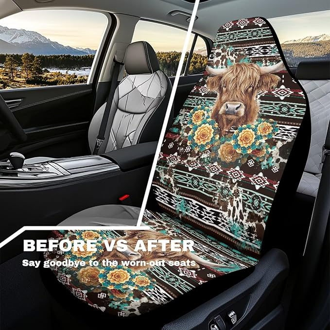 Ethnic Highland Cow Car Seat Covers Waterproof Front Seat Covers Automobile Front Seat Covers Easy to Install Car Interior Automotive Universal Fit Most Cars