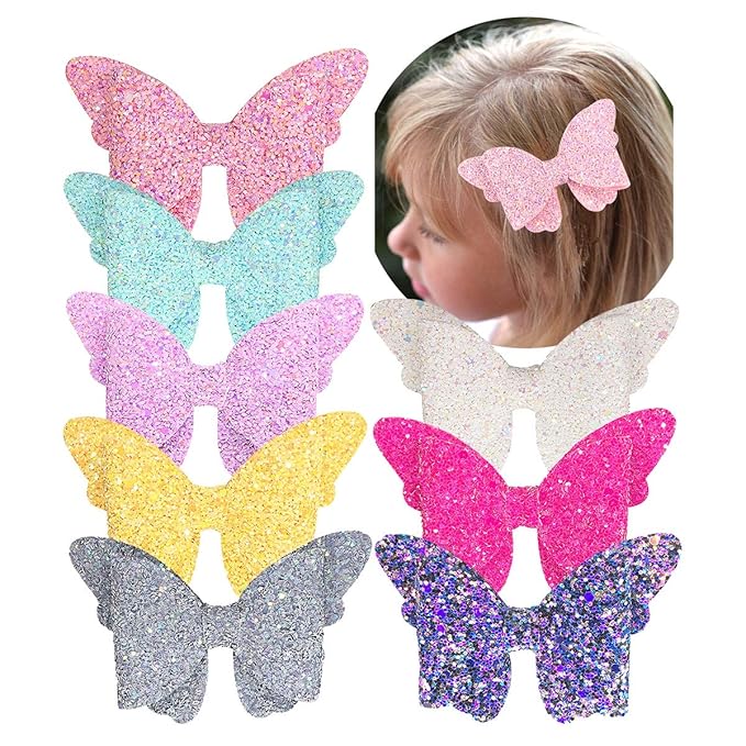 Yazon Baby Girls Glitter Bows Clips Sparkly Butterfly Bows Hair Clips for Toddler Kids Teens 8pcs