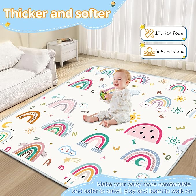 Baby Play Mat, 1-Inch Thick Foam 47" X 47" Playpen Mat,Waterproof & Non - Slip Playmat for Baby Play on Floor, Wipe - Clean, Ideal for Infants, Toddlers & Kids' Crawling and Tummy Time(Rainbow)