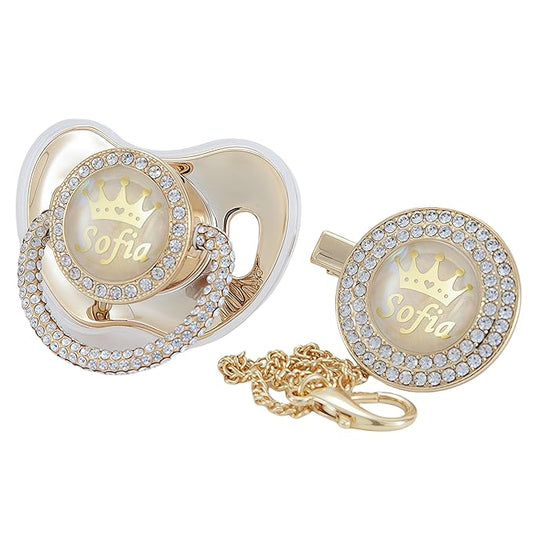 Personalized Name Anniversary All Bling Pacifier and Clip Set 14k Gold Plated New Born Gift Photography No for Daily Use