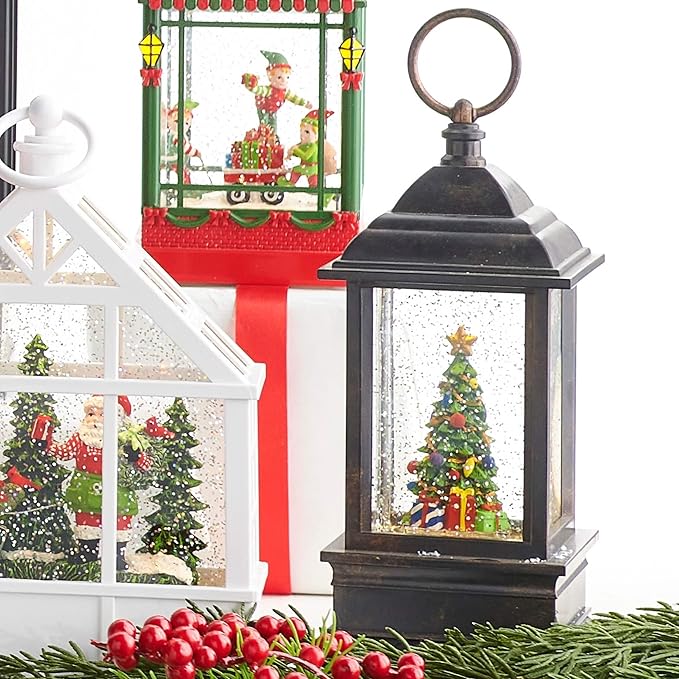 RAZ Imports 9.5" CHRISTMAS TREE LIGHTED WATER LANTERN,Bronze,4" x 9.5"