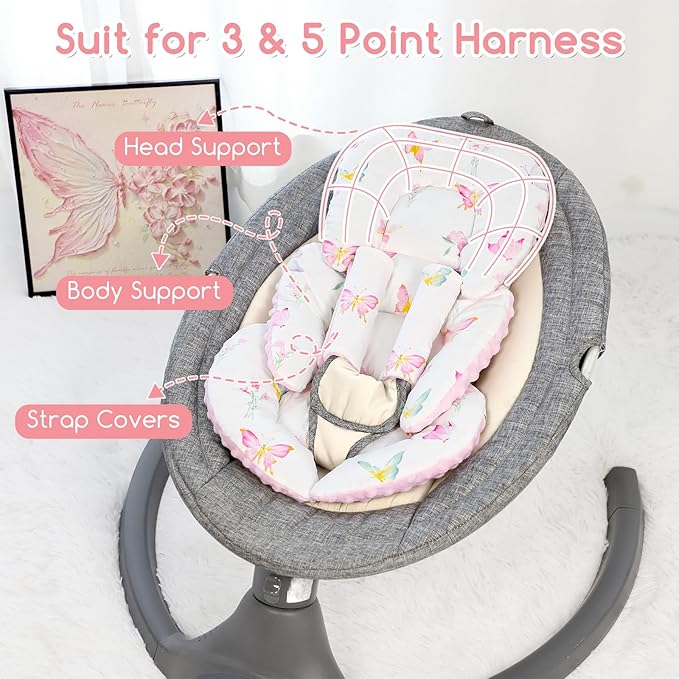 Infant Car Seat Insert for Newborn Girls Boys, Reversible Baby Carseat Head Support with Strap Pads, Soft Baby Car Seat Insert Cushion Pad for Stroller, Bouncer, Swing, High Chair, Pink Butterfly