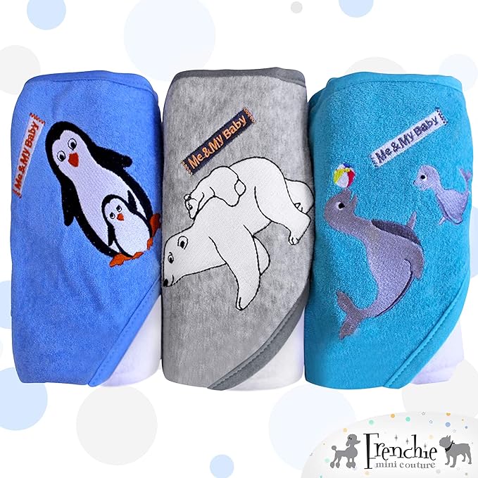 Frenchie Mini Couture, Hooded Bath Towels for Babies, 80% Cotton/20% Polyester, Wild Sea Animal Design Baby Bath Towel Set, Pack of 3