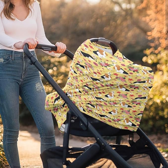AFPANQZ Floral Dogs Baby Car Seat Canopy Nursing Cover Breastfeeding Scarf Shopping Cart Covers Stroller Sunshade High Chair Cover Car Seat Covers Girls Breathable