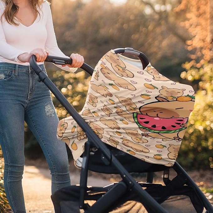 AFPANQZ Capybara Watermelon Baby Car Seat Covers for Girls All Weather Multifunctional Infant Car Seat Canopy Nursing Breastfeeding Scarf Shield Soft Breathable Stretchy 360 Coverage for Babies