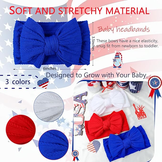 LemonSpace Handmade Headband for 4th of July Blue Baby Bow Newborn Accessories Infant Girls Hair Bows Red White and Blue Stretchy Soft Nylon Baby girl Bows Newborn Toddlers Headwrap