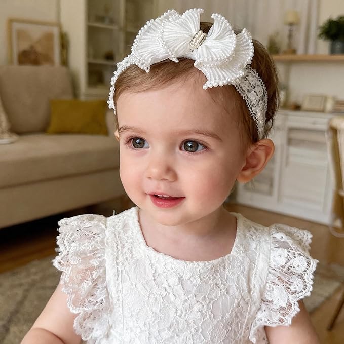 Baby Girls Headband White Bow Lace Headbands Soft Elastic Bowknot Hairbands Cute Hair Accessory for Newborn Kids Infant Toddler Baptism Birthday Party (Wide Lace)