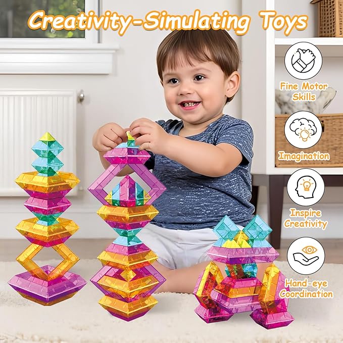 48 PCS Building Blocks Set for Kids, Pyramid Stacking Blocks with Storage Bag - STEM Preschool Learning Stacking Toys, Light Table Compatible Translucent Sensory Blocks for Toddlers Ages 3 4 5 6
