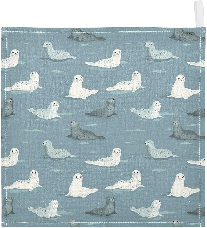 Seal Baby Washcloths Newborn Muslin Burp Cloths 3 Pack Soft Cotton Baby Face Bath Towel Drool Bibs for Infants, Girls and Boys 11.8 x 11.8 Inch