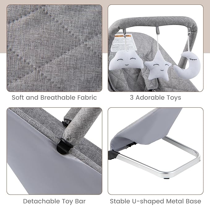BABY JOY Baby Bouncer, Foldable Baby Bouncer Seat with 5-Point Safety Harness, Removable Fabric Cover & 3 Plush Hangings, Portable Infant Bouncer for Babies 0-6 Months (Light Grey)