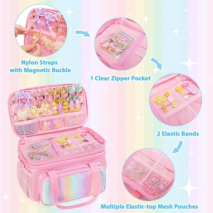 GRAOSO Hair Bow Organizer for Baby Girls, Double Layer Hair Accessories Storage Bag, Rainbow Sequins Design, with Handle and Detachable Shoulder Strap (Case only) (Pink)