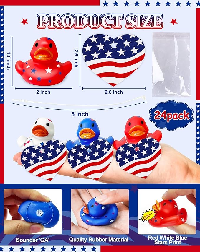 24 Pack 2'' Patriotic Rubber Ducks with Cards 4th of July Party Favors 250th Anniversary Baby Bath Toys Mini Duck Squeeze Squeak Summer Beach Pool Fourth July Supplies Red White Blue Gift Memorial Day