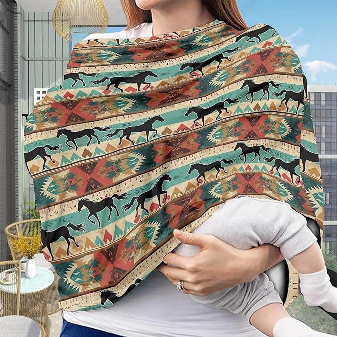 Youngerbaby Aztec Western Horse Nursing Cover for Newborns Breastfeeding Cover Scarf Baby Car Seat Covers Infant Stroller Cover Carseat Canopy for Girls and Boys Full Coverage