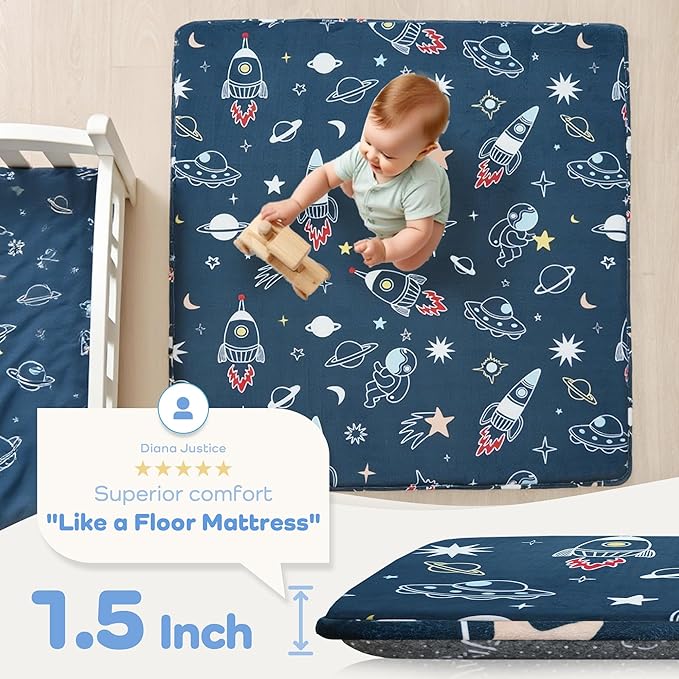 1.5" Thick Premium Baby Floor Play Mat, 50x50 Padded Memory Foam Mat, Tummy Time Crawling Playmat for Nursery Playroom Classroom, Space Adventure