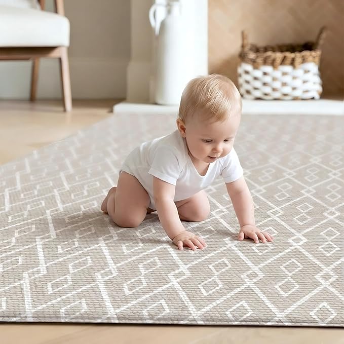 Reversible Baby Play Mat 78" x 55", Extra Large Foam Crawling Mat for Infants & Toddlers, Thick TPU Surface, Waterproof Floor Mat, Stylish Luxury Design for Living Room & Playroom (Floral & Beige)