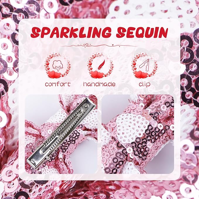 Valentine's Day 5 Inch Glitter Hair Bows Clips Large Sequins Bow Hair Clips Red Pink Love Heart Hair Barrettes Hair Accessories for Girls Children Kids 2Pcs