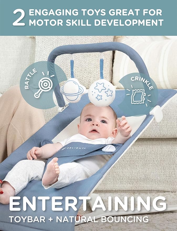 Baby Delight Alpine Deluxe Portable Baby Bouncer | Infant | 0-6 Months | 100% GOTS Certified Organic Cotton Fabric | Organic Dusty Blue