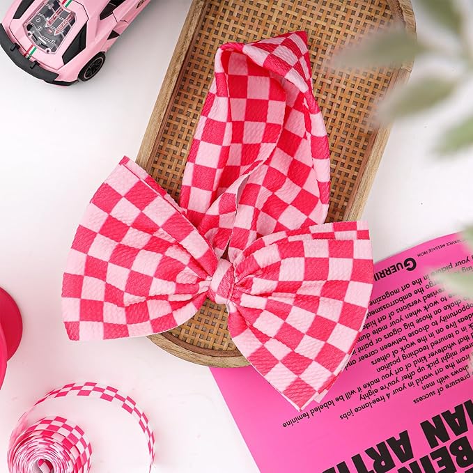YanJie 7’’ Hot Pink Checkered Bow for Baby Girl Racing Bows Plaid Headbands for Newborns Infants Toddlers Two Fast Birthday Girls Hair Accessories