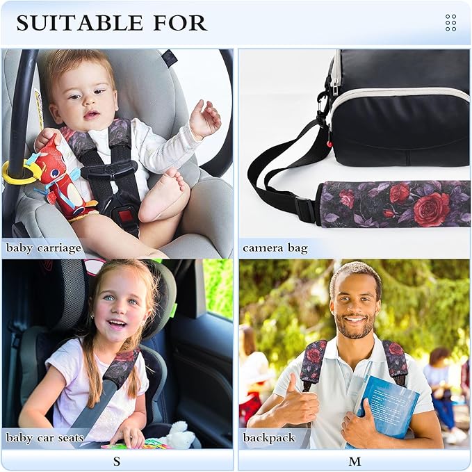 CHIFIGNO Red Roses Purple Leaves Seat Belt Covers Pack of 2 Soft Car Seatbelt Covers Shoulder Strap Covers for Car Bag