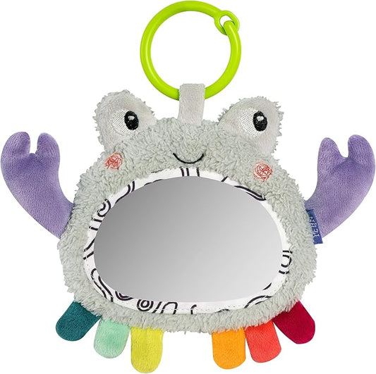 Fehn Activity Mirror Crab – Motor Skill Toy for Hanging for Pram, Cot and Baby Seat – to Produce Bite, Grab and Sound, Toy for Babies and Children from 0+