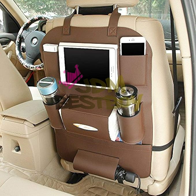 JDMBESTBOY Brown Universal Car Back Seat Organizer with Larger Protection & Storage - Holder, Reinforced Corners to Prevent Sag, Eco Friendly Materials - Great Travel Accessory for Kids