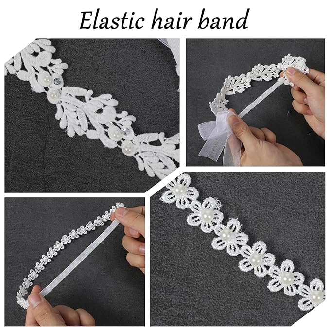 3 Pack White Flower Christening Headbands Elegant Flower Girl Headpiece for Baby Girl Elastic Nylon Soft Lace with Cute Tulle Pearl Hair Strap Baptism Halo Newborns Infants Toddlers 16-24in