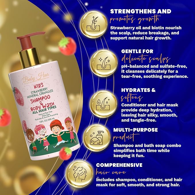 Baby Hair - Strawberry Mineral Kids Shampoo/Body Wash, Sulfate-Free Kids Tearless Shampoo and Body Wash, Shampoo For Kids with Strawberry Oil, Camellia Oil, and Biotin, No Tears Shampoo, 10 fl.oz.