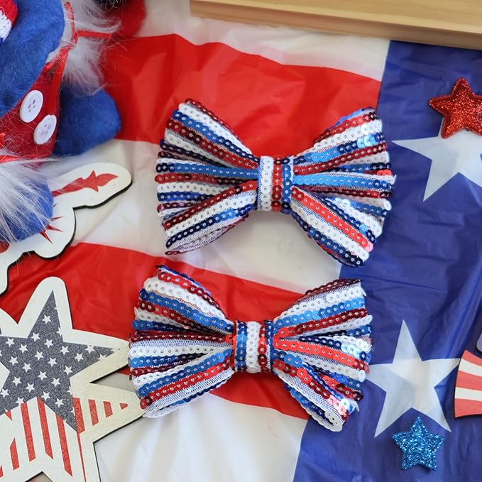 4th of July Sequin Hair Bows for Girls Blue Sparkly Alligator Clips Star Glitter Hair Accessories for Little Teen Toddler Girls Kids Independence Gift
