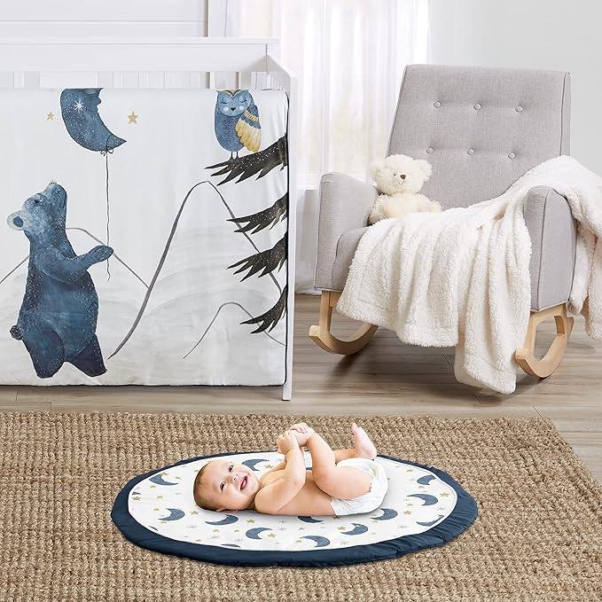 Sweet Jojo Designs Moon and Star Boy or Girl Baby Playmat Tummy Time Infant Play Mat - Navy Blue and Gold Watercolor Celestial Sky Gender Neutral Outer Space Galaxy