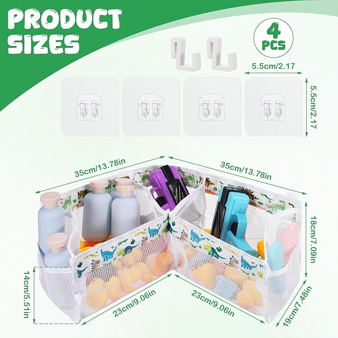 Bath Toy Storage Organizer, 3 Compartment Corner Bath Toy Holder for Tubs, Large Capacity & Quick-Drying Mesh - 4 Strong Adhesive Hooks for Easy Access