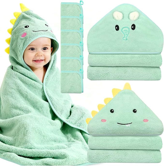 Sublaga 8 Pcs Baby Towel and Washcloths Set, Soft Baby Towels, 2 Pcs 32x32 in Cute Baby Towel with Hood and 6 Pcs Baby Washcloths for Infants, Toddlers and Kids (Green Elephant & Dinosaur)