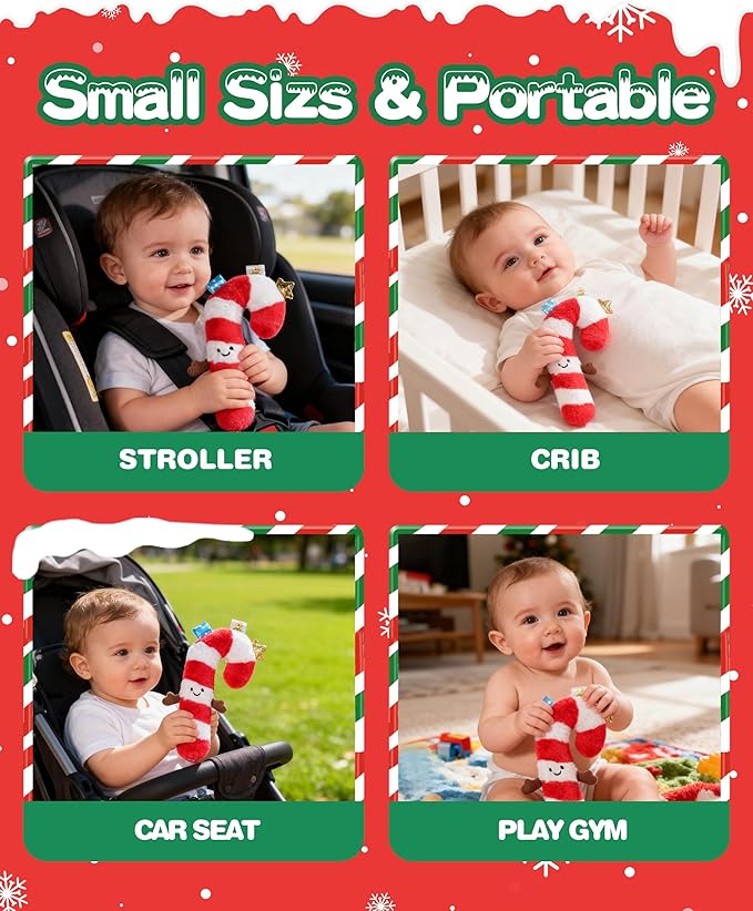 Jollybaby Car Seat Stroller Crib Toy for Baby 0-6-12-18-36 Months, My Baby First Christmas Toy Candy Cane Squeaker, Tummy Time Infants/Newborns Easter Gifts for Boy and Girl