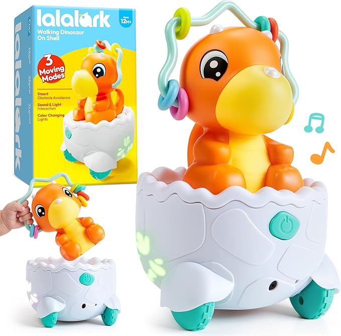 lalalark JOVA Dinosaur 2 in 1 Moving Musical Toy, Tummy Time Toys with Auto-Avoiding Obstacles, Interactive Musical and Light, Birthday Gifts for Toddlers 12-18 Months Learning to Crawl