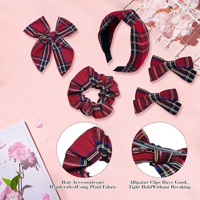 5 Pcs Plaid Headband With Hair Knotted Scrunchies Bow, Padded Holiday Headband, Hair Clips Accessories for Women and Girls (Dark Red)