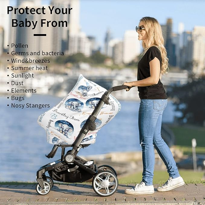 Personalized Baby Car Seat Covers for Babies, Custom Elephant Nursing Breastfeeding Carseat Canopy with Name, Infant Stroller Covers for Newborn Girls Boys, Breathable Carseat Cover