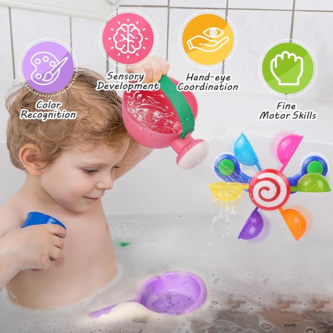 Baby Bath Toy, Kids Watering Can Bathing Spoons Windmill Water Toys Set of 3, Fun Interactive Water Bathtub Toy, Beach Shower Swimming Pool Toys Gifts for Babies Toddlers Party Favors