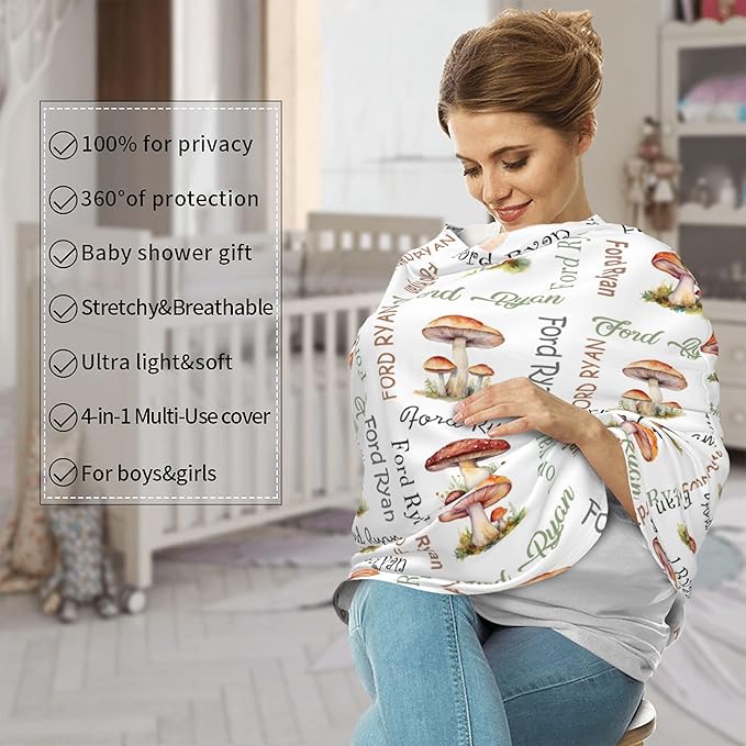 Personalized Car Seat Covers with Name, Mushroom Baby Canopy Carrier Cover, Breathable Breastfeeding Nursing Cover, Stretchy Multi-Use Infant Carseat Stroller Cover