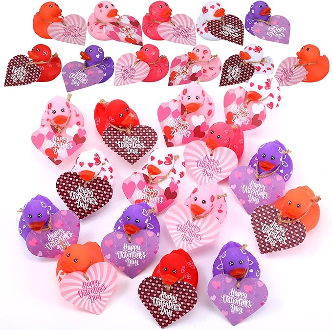 Jerify 24 Pcs 2 Inch Valentines Ducks for Kids Classroom Exchange Gifts Valentine's Day Rubber Ducks with Gifts Cards Mini Heart Rubber Duckies Valentines Party Favors Toys, 6 Styles (Popularity)