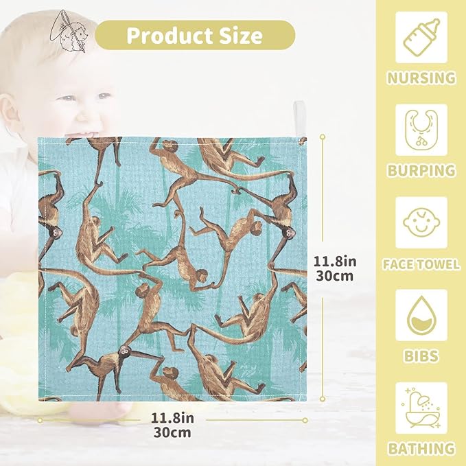 vvfelixl Baby Washcloths Cotton Monkeys Jungle Baby Muslin Washcloths Soft Baby Face Towel for Newborn Infants Baby Wipes, 11.8 X 11.8 Inch, 3 Pack Blue
