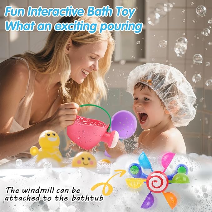 Baby Bath Toy, Kids Watering Can Bathing Spoons Windmill Water Toys Set of 3, Fun Interactive Water Bathtub Toy, Beach Shower Swimming Pool Toys Gifts for Babies Toddlers Party Favors
