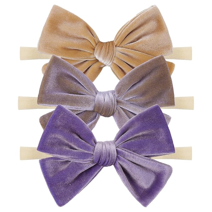 4'' Baby Velvet Gloss Bows Handmade Headbands Tied Bow Elastic Nylon Hair Accessories for Baby Girls Newborn Infant 3 Pcs Purple Turmeric Brown