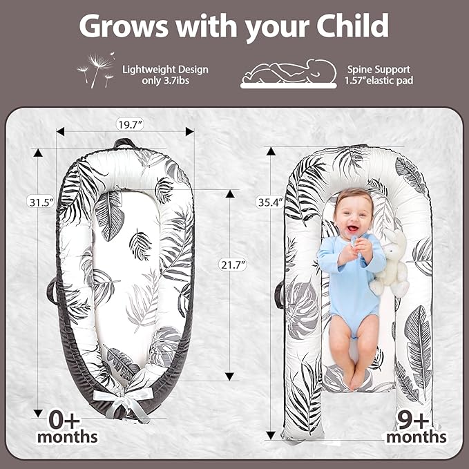 Baby Lounger-Breathable and Soft Organic 100% Cotton, Portable Infant Lounger with Removable Lounger Cover, Baby nest Lounger for Newborn - Grey Leaves