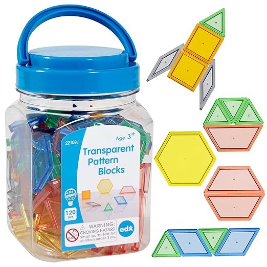 edxeducation Transparent Pattern Blocks | Mini Jar | Plastic Pattern Blocks | Practice Sorting, Measurement and Fractions | Sensory Play | Math Manipulative